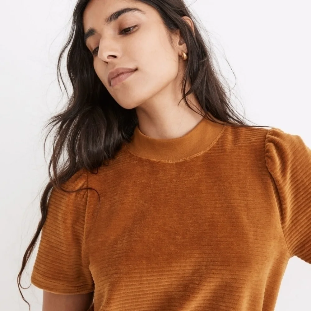 Madewell‎ Velour Corduroy Mockneck Top Short Puff Sleeves Size S